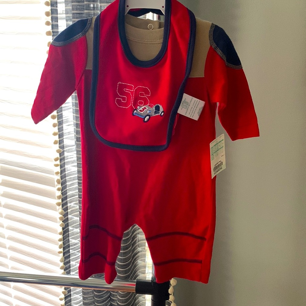 JCPenney 0-3 month Race-car onesie. Includes bib.